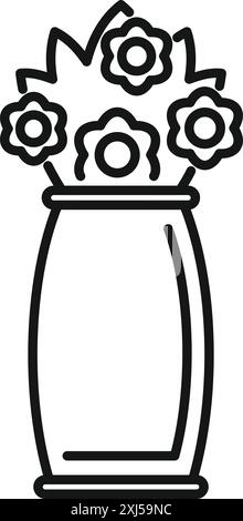 Linea bianca e nera che disegna un mazzo di fiori in piedi in un vaso alto Illustrazione Vettoriale