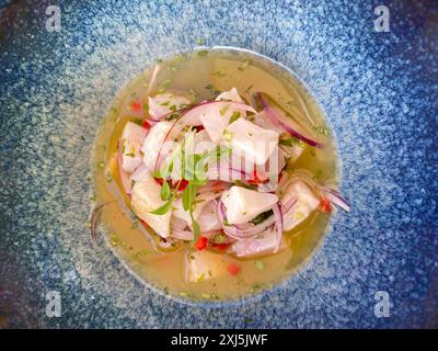 Ceviche di pesce bianco su un piatto, cipolle, cibo, Algarve, Portogallo Foto Stock