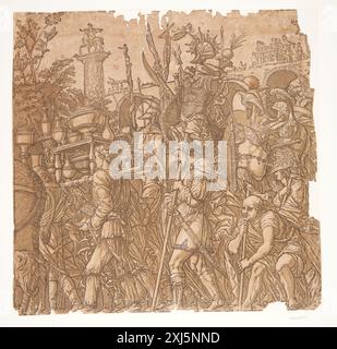 Uomini con stendardi appesi ai trofei di guerra Andreani, Andrea 1558 - 1629, Mantegna, Andrea 1429 - 1506, Malpizzi, Bernardo 1553 - 1623 Chiaroscuro Woodcut, Print the Illustrated Bartsch 48, Italian Chiaroscuro Woodcuts, Caroline Karpinski, p. 162, 11.6, C 36237, 1983. Les marques de collections de dessins & d'estampes: marques estampillées et écrites de collections particulières et publiques, Frits Lugt, 1763, 7027, 1921-1956 Mænd med standarter behængt med krigstrofæer Foto Stock