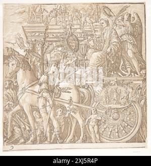 Giulio Cesare su carrozza trainata da cavalli, coronato con gli allori da un angelo Andreani, Andrea 1558 - 1629, Mantegna, Andrea 1429 - 1506, Malpizzi, Bernardo 1553 - 1623 Chiaroscuro Woodcut, Print the Illustrated Bartsch 48, Italian Chiaroscuro Woodcuts, Caroline Karpinski, p. 165, 11.9, C 36237, 1983 Julius Cæsar på en hestetrukken vogn, krones med laurbær af en engel Foto Stock