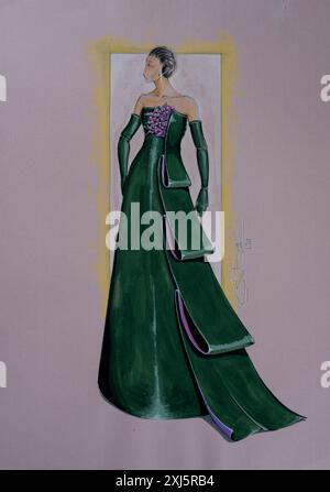 Abito da sera, sketch di moda, fashion design, moda femminile, collezione haute couture, disegno a matita, supporti misti, biros, pennarello Foto Stock