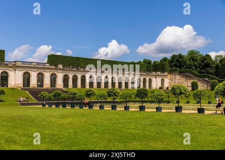 Il giardino barocco Grosssedlitz con il Palazzo Friedrich si trova su una collina sulla riva sinistra dell'Elba a sud-est di Dresda in Foto Stock