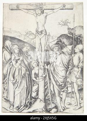 The Crucifixion of Christ Monogrammist AG 1470 - 1490, Schongauer, Martin 1428 - 1491 incisione in rame, Print the Illustrated Bartsch 9, Early German Artists, Israhel van Meckenem, Wenzel von Olmütz e Monogrammists: Israhel van Meckenem, Wenzel von Olmütz and Monogrammists, Fritz Koreny, 10 i, C 36176, 1981. Geschichte und kritischer Katalog des deutschen, niederländischen und französischen Kupferstiche im XV. Jahrhundert, Max Lehrs, vi, p. 109, n. 13, 14610, 1908-1934 Kristi korsfæstelse Foto Stock