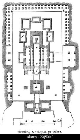 Pianta del Keylas a Ellora, Ellora Caves, Maharashtra, vicino a Mumbai, scala, disegno, ingresso, cappella, India, illustrazione storica 1880 Foto Stock