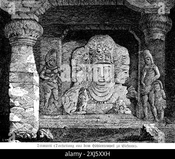 Trimurti, raffigurazione del tempio grotta, isola Elephanta, dedicata al Dio Shiva, grotta, Mumbai, India, illustrazione storica 1880 Foto Stock