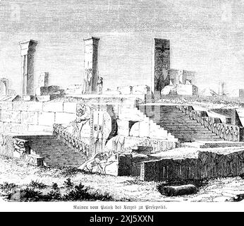 Rovine del palazzo di Serse a Persepoli, sovrano persiano, Persia, oggi Iran, illustrazione storica 1880 Foto Stock