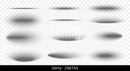 Set di effetti ombra ovali della scatola di imballaggio. Diverse forme realistiche di grigio tenue. Ombreggiature del pacchetto ellittico isolate su sfondo trasparente. Illustrazione realistica vettoriale. Illustrazione Vettoriale