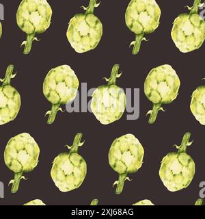 Motivo senza cuciture ad acquerello con carciofi su sfondo nero. Può essere utilizzato per stampe tessili da cucina, design di confezioni di prodotti. Foto Stock