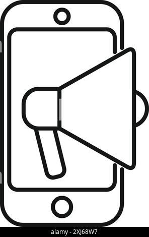 Icona della linea di uno smartphone che mostra un megafono, che rappresenta il marketing e la pubblicità online Illustrazione Vettoriale