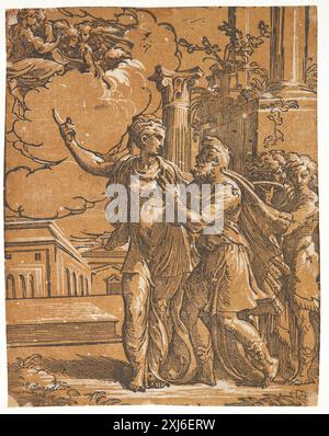 Chiaroscuro inciso su legno da Antonio da Trento e Parmigianino che mostra l'imperatore romano Augusto consultando la Sibilla Tiburtina. La stampa enfatizza figure, elementi architettonici e composizione rinascimentale nell'arte italiana del XVI secolo. Foto Stock