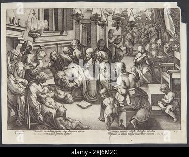 St. Paul Raising Euthychus Goltzius, Hendrick 1558 - 1617, Straet, Jan van der 1523 - 1605, Galle, Philips 1537 - 1612 incisione in rame, Print Tegninger af Maerten van Heemskerck: Illustreret katalog, Jan Garff, nr. 118-134, 42279, 1971. The Illustrated Bartsch 3, artisti fiamminghi, Hendrik Goltzius, Walter L. Strauss, 279, 47862, 1980. The New Hollstein Dutch and Flemish etchings, incisioni e xilografie 1450-1700, Johannes Stradanus, Part i-III, Marjolein Leesberg, nr. 221 II, C 42224, 2008. Le incisioni, incisioni e xilografie olandesi e fiamminghe New Hollstein 1450-1700, Philips Galle, p Foto Stock