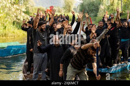 I musulmani sciiti del Kashmir gridano slogan filo-palestinesi durante una processione il nono giorno di Muharram. Il 9 di Muharram, le tranquille acque di Srinagar assistono a una processione di muharram unica e toccante, mentre i devoti a bordo delle barche rendono omaggio, mescolando tradizione e tranquillità bellezza del Lago dal. Muharram è il primo mese del calendario islamico, e uno dei mesi più sacri dell'Islam. I musulmani sciiti commemorano Muharram come un mese di lutto in ricordo del martirio di Imam Hussain, nipote del profeta Maometto. L'imam Hussain fu martirizzato ad Ashura, il decimo giorno di Muharram, durin Foto Stock