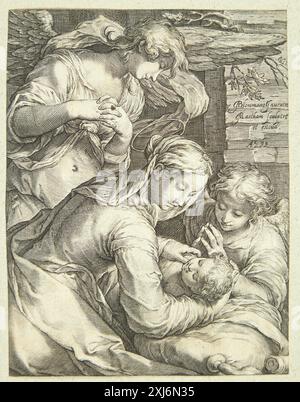 Vergine maria con il bambino e due angeli Matham, Jacob 1571 - 1631, Bloemaert, Abraham 1566 - 1651, Matham, Jacob 1571 - 1631 incisione in rame, Stampa The Illustrated Bartsch 4, artisti olandesi, Matham, Saenredam, Muller, Walter L. Strauss, 68, C 36168, 1980. The New Hollstein Dutch and Flemish etchings, incisioni e xilografie 1450-1700, Jacob Matham, parte i-III, Léna Widerkehr, 69, C 38244, 2007-2008 Jomfru Maria med barnet og to engle Foto Stock