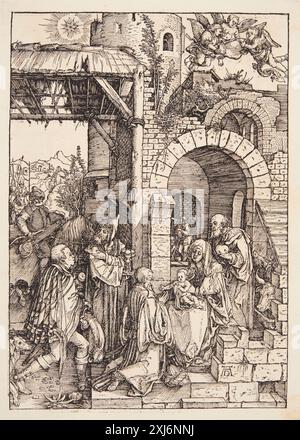 The Adoration of the Magi Dürer, Albrecht 1471 - 1528 Woodcut, Print Dürer-Katalog: ein Handbuch über Albrecht Dürers Stiche, Radierungen, Holzschnitte, deren Zustände, Ausgaben und Wasserzeichen, Joseph Meder, Kat. n. 199 a-b, 11088, 1932. The Illustrated Bartsch 10, Sixteenth Century German Artists, Albrecht Dürer: Albrecht Dürer, Walter L. Strauss, Kat. n. 87, C 36179, 1980. The Illustrated Bartsch 10, Commentary, Sixteenth Century German Artists, Albrecht Dürer: Albrecht Dürer, Walter L. Strauss, Kat. n. 287, C 36178, 1981. Albrecht Dürer: das druckgraphische Werk, Rainer Schoch, p. 254 Foto Stock