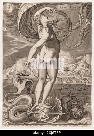 Incisione in rame di Philips Galle (1537-1612) raffigurante fortuna, la dea romana della fortuna. La stampa mostra la dea con attributi simbolici tra cui una ruota, evidenziando le tecniche di incisione olandesi e fiamminghe del XVI secolo. Foto Stock