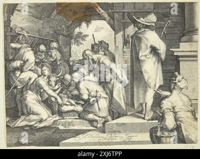 The Worship of the Shepherds Matham, Jacob 1571 - 1631, Bloemaert, Abraham 1566 - 1651 Copper Engraving, Print the Illustrated Bartsch 4, Netherlandish Artists, Matham, Saenredam, Muller, Walter L. Strauss, 67, C 36168, 1980. Le incisioni, incisioni e xilografie olandesi e fiamminghe New Hollstein 1450-1700, Jacob Matham, parte i-III, Léna Widerkehr, 18 II, C 38244, 2007-2008 Hyrdernes tilbedelse Foto Stock