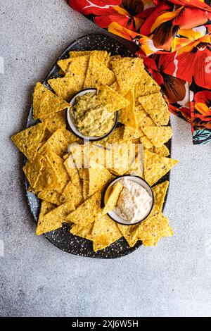 Piatto di tortilla chips con guacamole fatto in casa e salsa di panna acida Foto Stock