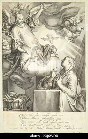 The Annunciation Matham, Jacob 1571 - 1631, Bloemaert, Abraham 1566 - 1651, Matham, Jacob 1571 - 1631 Copper Engraving, Print the Illustrated Bartsch 4, Netherlandish Artists, Matham, Saenredam, Muller, Walter L. Strauss, 65, C 36168, 1980. Le incisioni, incisioni e xilografie olandesi e fiamminghe New Hollstein 1450-1700, Jacob Matham, parte i-III, Léna Widerkehr, 12, C 38244, 2007-2008 Bebudelsen Foto Stock