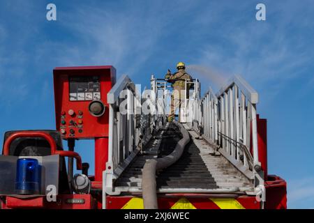 Vigile del fuoco sulla scala, spruzza acqua sul fuoco, vista laterale Foto Stock