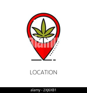 Icona della linea di colore della posizione del negozio di cannabis medica. Farmaco prodotto cannabis pittogramma lineare, erbacce naturali o marijuana farmaco linea vettore si Illustrazione Vettoriale