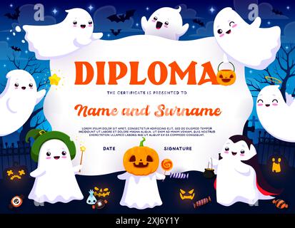 Diploma per bambini, dolci natalizi e simpatici personaggi fantasma kawaii di Halloween. Diploma vincitore del concorso per bambini, festa di Halloween per bambini o festa vettoriale A. Illustrazione Vettoriale