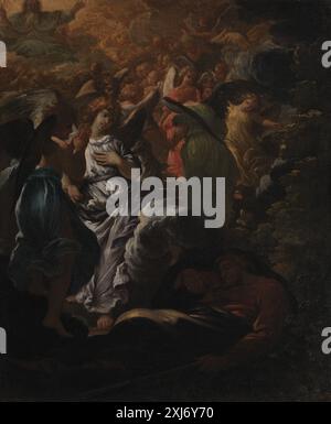 Un dipinto di Girolamo Troppa (1637-1708) raffigurante la storia biblica del sogno di Giacobbe. La composizione mostra Jacob che dorme con angeli che salgono e scendono da una scala, sottolineando la chiarezza narrativa, il simbolismo religioso e gli effetti drammatici barocchi. Foto Stock