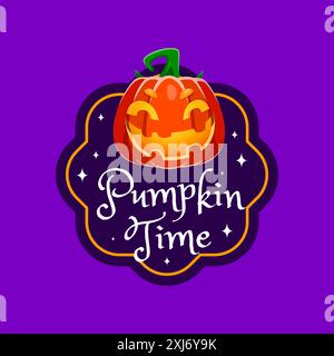 La targhetta regalo di Halloween presenta una zucca grattugiante che irradia fascino e spettralità autunnali. Adesivo vettoriale isolato, patch o badge con jack lante Illustrazione Vettoriale