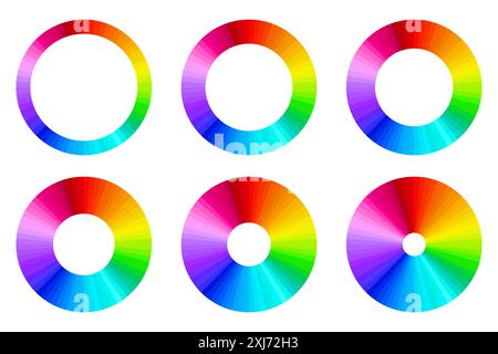 Set di grafici circolari a gradiente colorato su sfondo bianco. Illustrazione vettoriale di vari grafici circolari per la progettazione e l'infografica. Colorato Illustrazione Vettoriale