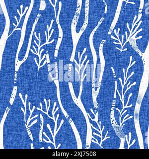 Stravagante motivo elettrico blu da spiaggia per alghe marine. Effetto panno stampato con blocco schermo batik. Divertente sfondo tropicale estivo. Moderno Foto Stock