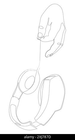 Una linea continua di mano che mostra le cuffie. Concetto del vettore dell'illustrazione a linee sottili. Idee creative per il disegno dei contorni. Illustrazione Vettoriale