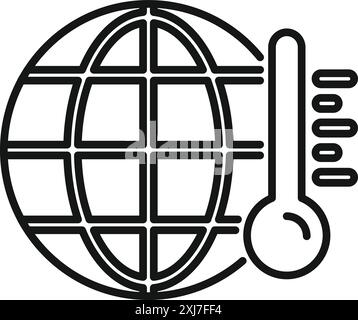 Icona line art del riscaldamento globale con pianeta Terra e un termometro che mostra l'aumento delle temperature Illustrazione Vettoriale