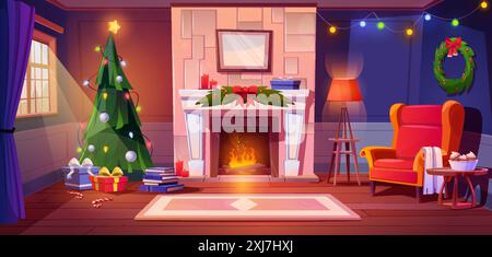 Soggiorno natalizio con caminetto. Cartoni animati vettoriali di interni accoglienti con alberi di Natale decorati con giocattoli e ghirlanda, scatole regalo sul pavimento, poltrona vicino al fuoco, libri sullo scaffale, candele Illustrazione Vettoriale
