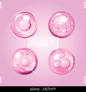 Set di gocce di siero con struttura molecolare isolata sullo sfondo. Illustrazione vettoriale realistica di bolle di gel cosmetico rosa, bolle con riflesso luminoso, campione di olio per la cura della pelle, dermatologia di laboratorio Illustrazione Vettoriale