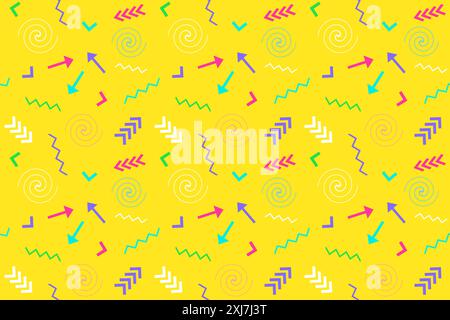 Colorato motivo senza cuciture in stile Memphis con frecce, zigzag e forme geometriche su sfondo giallo brillante. Ideale per tessuti e design. Illustrazione Vettoriale