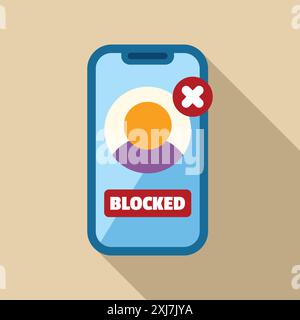 Lo smartphone mostra un profilo utente bloccato con un segno a croce e una notifica bloccata Illustrazione Vettoriale