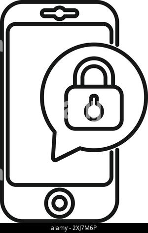 Semplice icona a forma di riga in grassetto di un telefono cellulare che visualizza un fumetto contenente un lucchetto che rappresenta la sicurezza mobile Illustrazione Vettoriale
