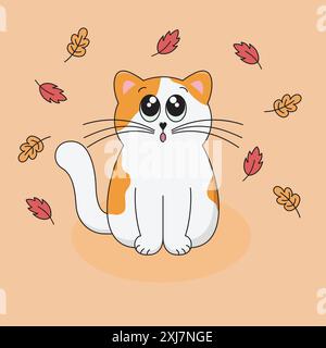 Cute White and Ginger Cat guarda le foglie autunnali cadenti a settembre. Cartoon Kitten with Big Eyes. Illustrazione vettoriale della stagione autunnale. Illustrazione Vettoriale