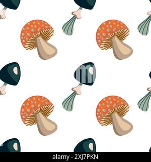Festa del raccolto, motivo senza cuciture. Illustrazione vettoriale di funghi fantasia. Stampa del giorno del Ringraziamento e della raccolta per tessuti, imballaggi, carta da imballaggio Illustrazione Vettoriale