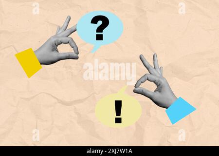 Due mani stanno tenendo in mano una mano che indica un punto interrogativo e l'altra mano che indica un punto esclamativo. Concetto di curiosità e accisa Foto Stock