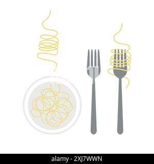 Set di illustrazioni piatte della pasta su un piatto, una forchetta e una forchetta con pasta avvolta. Semplice illustrazione vettoriale. Icona per la progettazione di confezioni di spaghetti. Illustrazione Vettoriale
