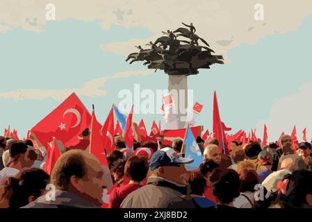 Buon giorno della Repubblica del 29 ottobre, illustrazione vettoriale. Piazza Gundogdu. Bandiera turca. Ataturk. Smirne Türkiye. 23 aprile, 19 maggio, 30 agosto, 9 settembre. Illustrazione Vettoriale