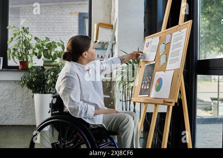 Una giovane donna d'affari in sedia a rotelle presenta i dati su una lavagna bianca in un ambiente moderno. Foto Stock