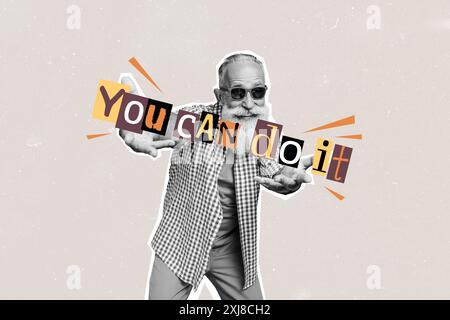 Foto collage creativo uomo anziano macho occhiali da sole elegante nonno motivazione si può fare ispirazione incoraggiamento Foto Stock