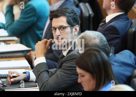 Namur, Belgio. 17 luglio 2024. Il Ministro vallone, Presidente Adrien Dolimont, nella foto, durante una sessione plenaria del Parlamento vallone a Namur, mercoledì 17 luglio 2024. Nel corso di questa sessione verrà esaminata la dichiarazione politica regionale. BELGA PHOTO BRUNO FAHY credito: Belga News Agency/Alamy Live News Foto Stock