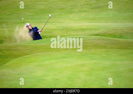 USA Maverick McNealy il 16° giorno di prove libere davanti all'Open al Royal Troon, South Ayrshire, Scozia. Data foto: Mercoledì 17 luglio 2024. Foto Stock