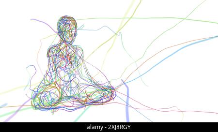 Illustrazione 3D. una persona in forma meditativa è creata dai fili del karma Foto Stock