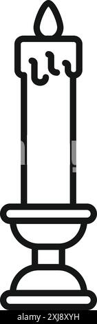Semplice icona line art di una candela alta e sottile con cera fusa, in piedi su un candeliere decorativo Illustrazione Vettoriale