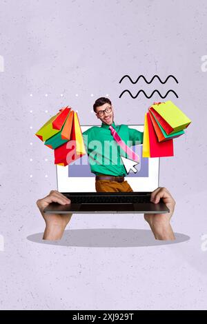 Immagine in collage composito verticale immagine di braccia che tengono lo schermo delle mini borse per laptop isolato su sfondo creativo Foto Stock