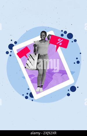 Immagine di schizzo grafica composita collage fotografico della promozione di vendita del venerdì nero offerta in percentuale di clienti shopaholic giovane signora tenere a mano borse telefono Foto Stock