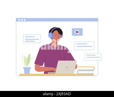 I giovani studenti studiano online seduti su un computer portatile e ascoltano le lezioni con le cuffie. E-learning tramite webinar, formazione a distanza online Illustrazione Vettoriale